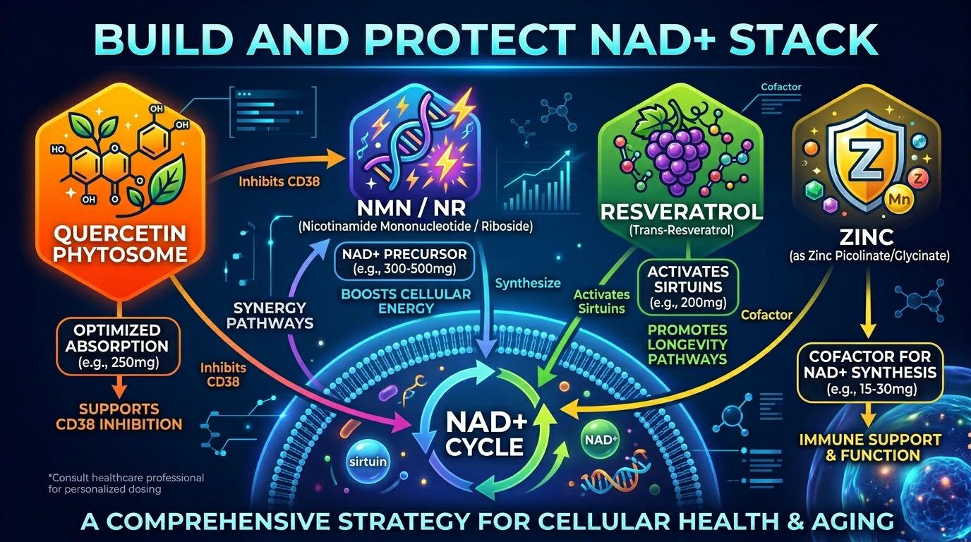 Quercetin NMN NAD+ longevity stack infographic — build and protect cellular energy protocol