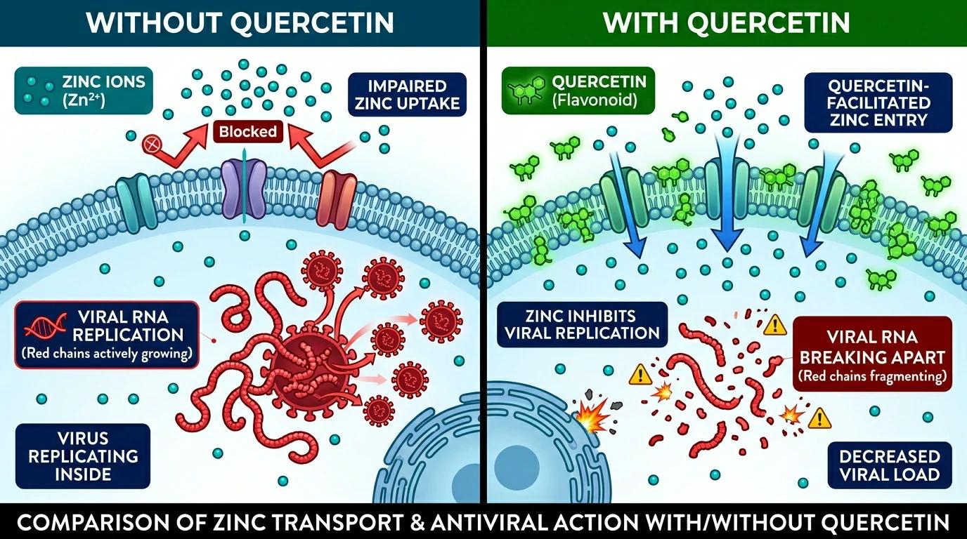 Quercetin ionophore effect: zinc entering cells to block viral replication — before after diagram