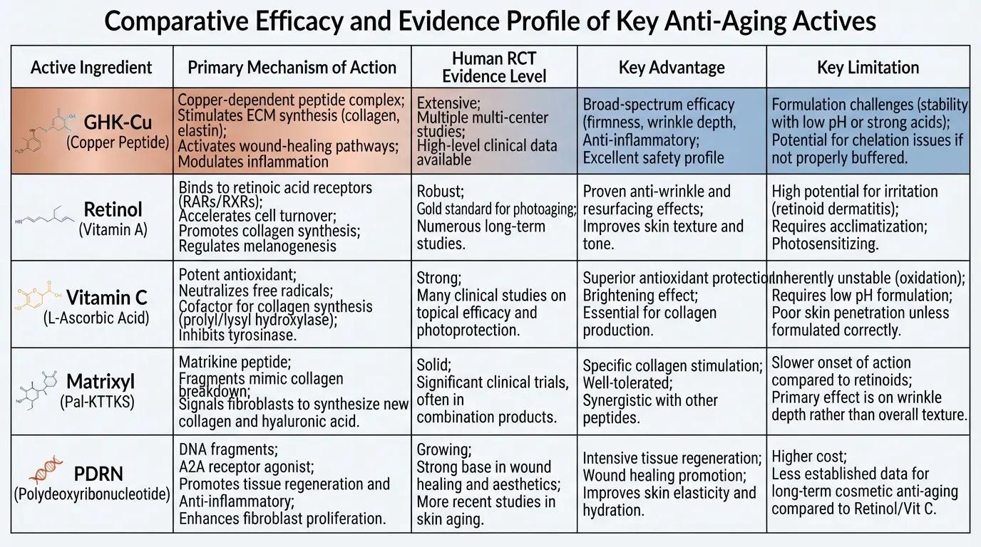 Comparative infographic benchmarking GHK-Cu against retinol, vitamin C, Matrixyl and PDRN by mechanism, clinical data and safety