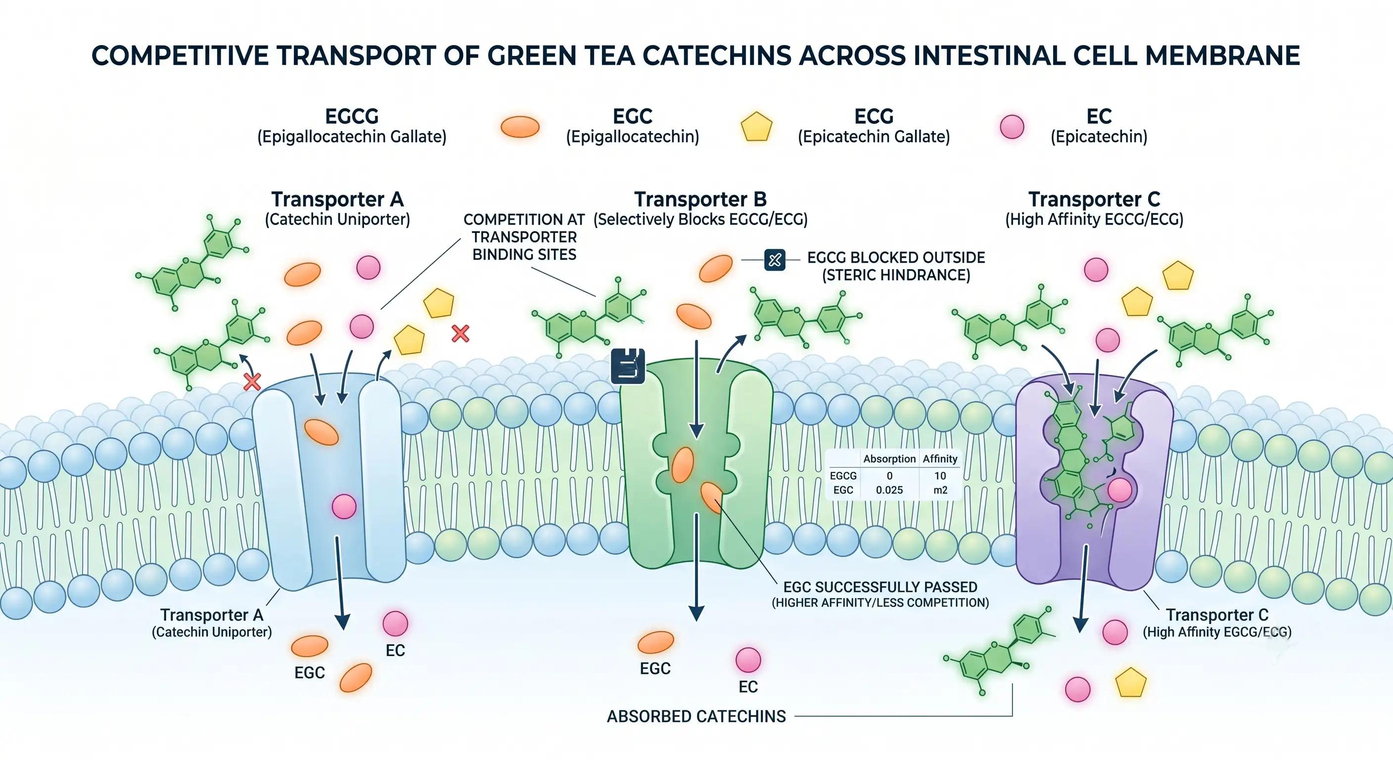 Diagram showing multiple catechins competing for OATP transporters at intestinal absorption