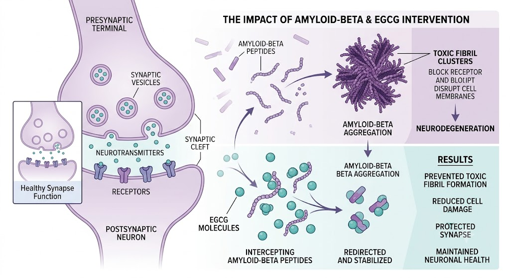 Diagram showing EGCG inhibiting amyloid-beta aggregation in brain neurons