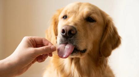 Oral dissolving film being placed on a dog's tongue, illustrating the compliance advantage of OFDF in pet supplement delivery