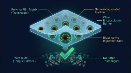 Cross-section illustration of nano-encapsulated active ingredient within an oral dissolving film, showing the physical barrier preventing bitter taste receptor activation