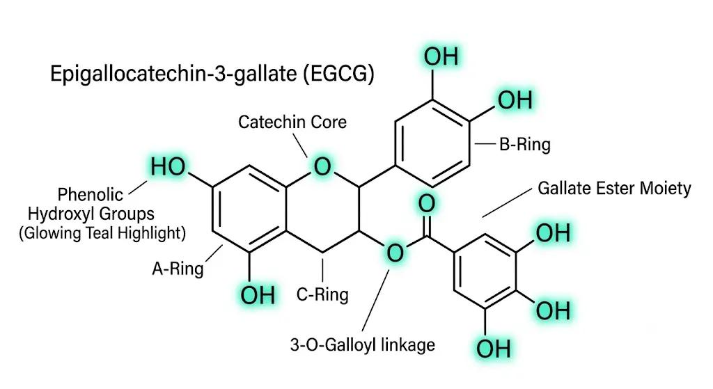 EGCG molecular structure diagram highlighting eight phenolic hydroxyl groups