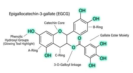 EGCG molecular structure diagram highlighting eight phenolic hydroxyl groups