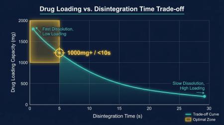 Scientific chart showing the trade-off curve between drug loading capacity and disintegration time in oral dissolving film formulation
