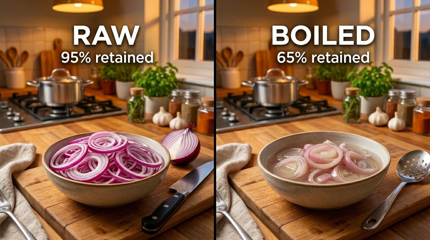Quercetin retention in raw vs cooked onion — cooking method comparison 95% vs 65%