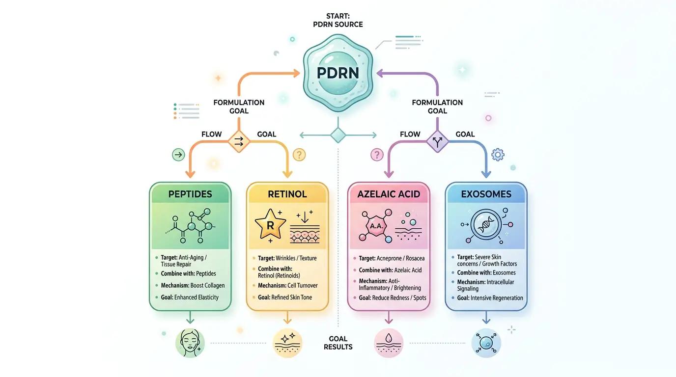 Decision tree diagram for combining PDRN with complementary skincare ingredients