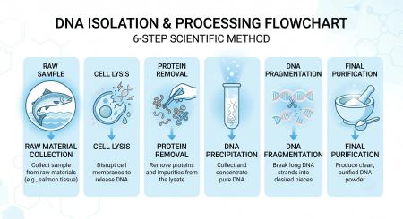 Six-step flowchart of PDRN extraction process from collection to final powder
