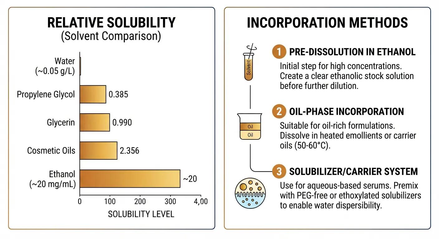Infographic showing glabridin solubility across solvents and three validated formulation incorporation approaches