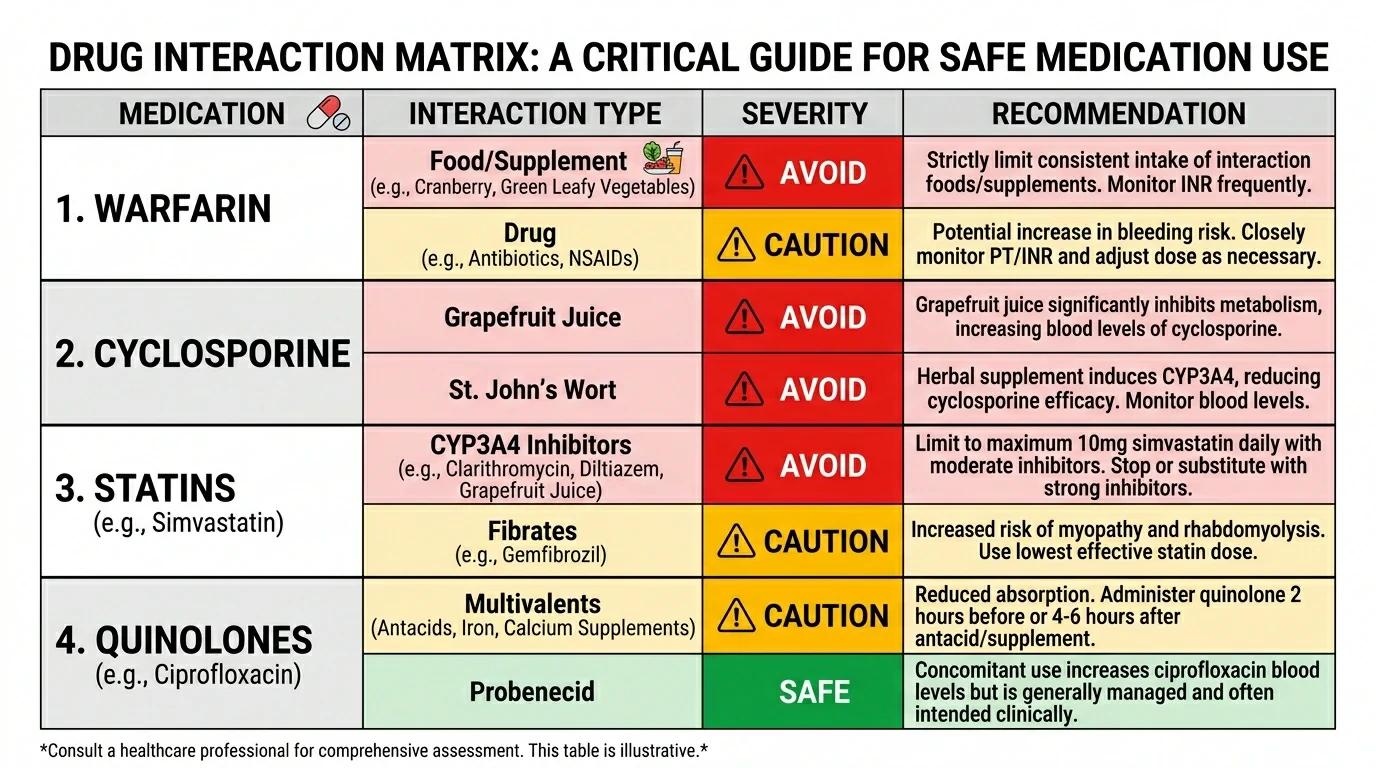 Quercetin drug interaction matrix — warfarin cyclosporine statin quinolone safety chart