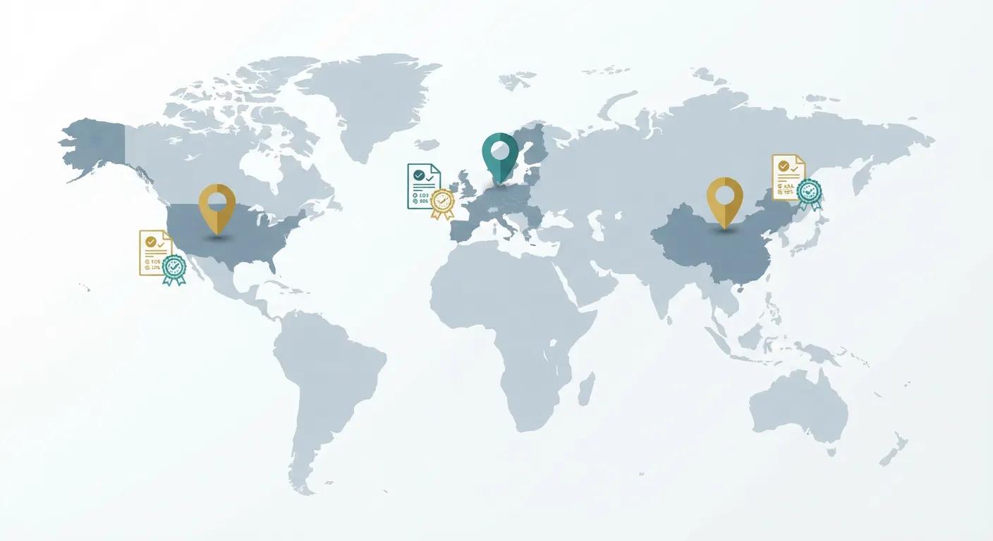World map infographic highlighting glabridin cosmetic regulatory status in China, EU, and United States