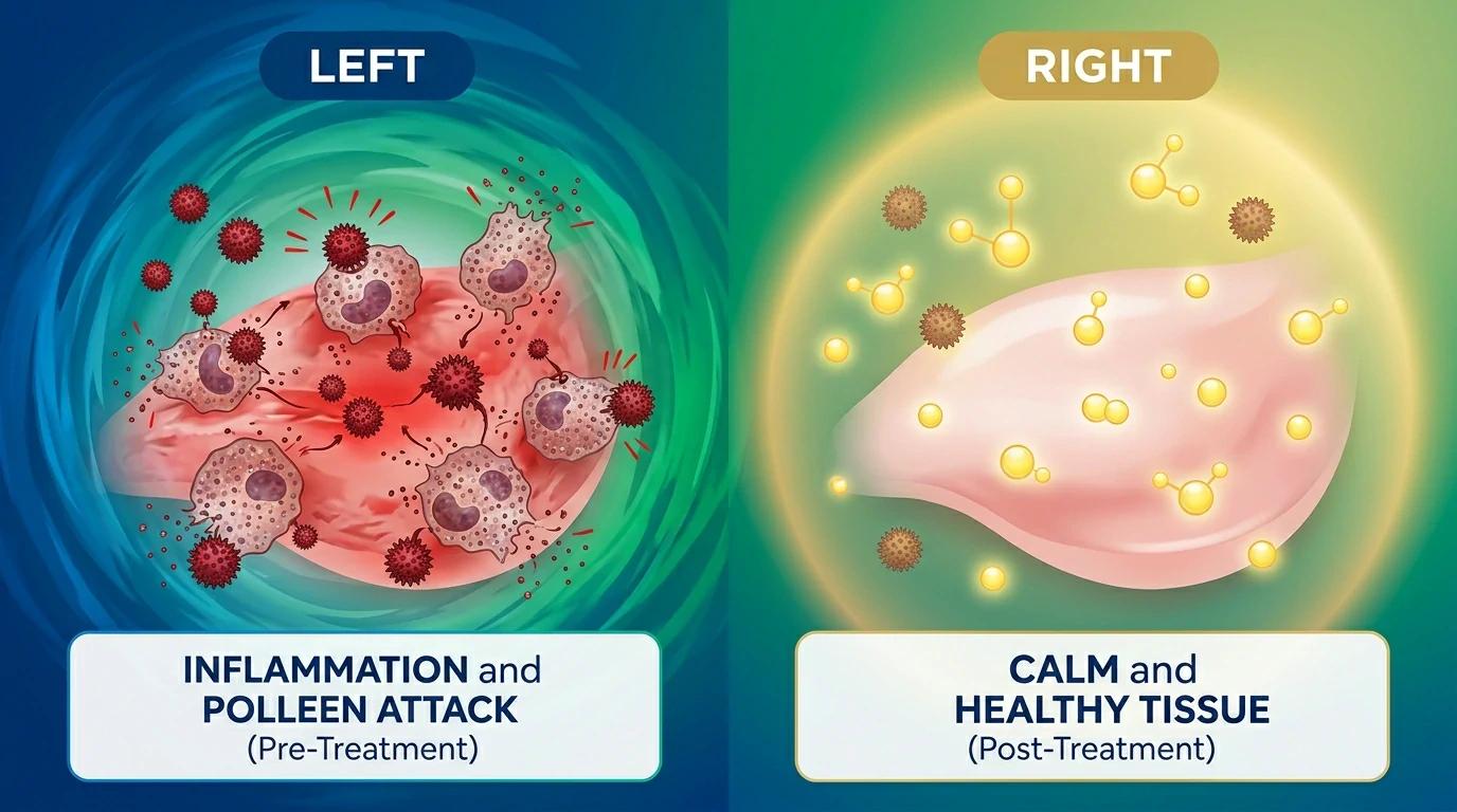 Diagram showing quercetin calming mast cell histamine release in allergy response