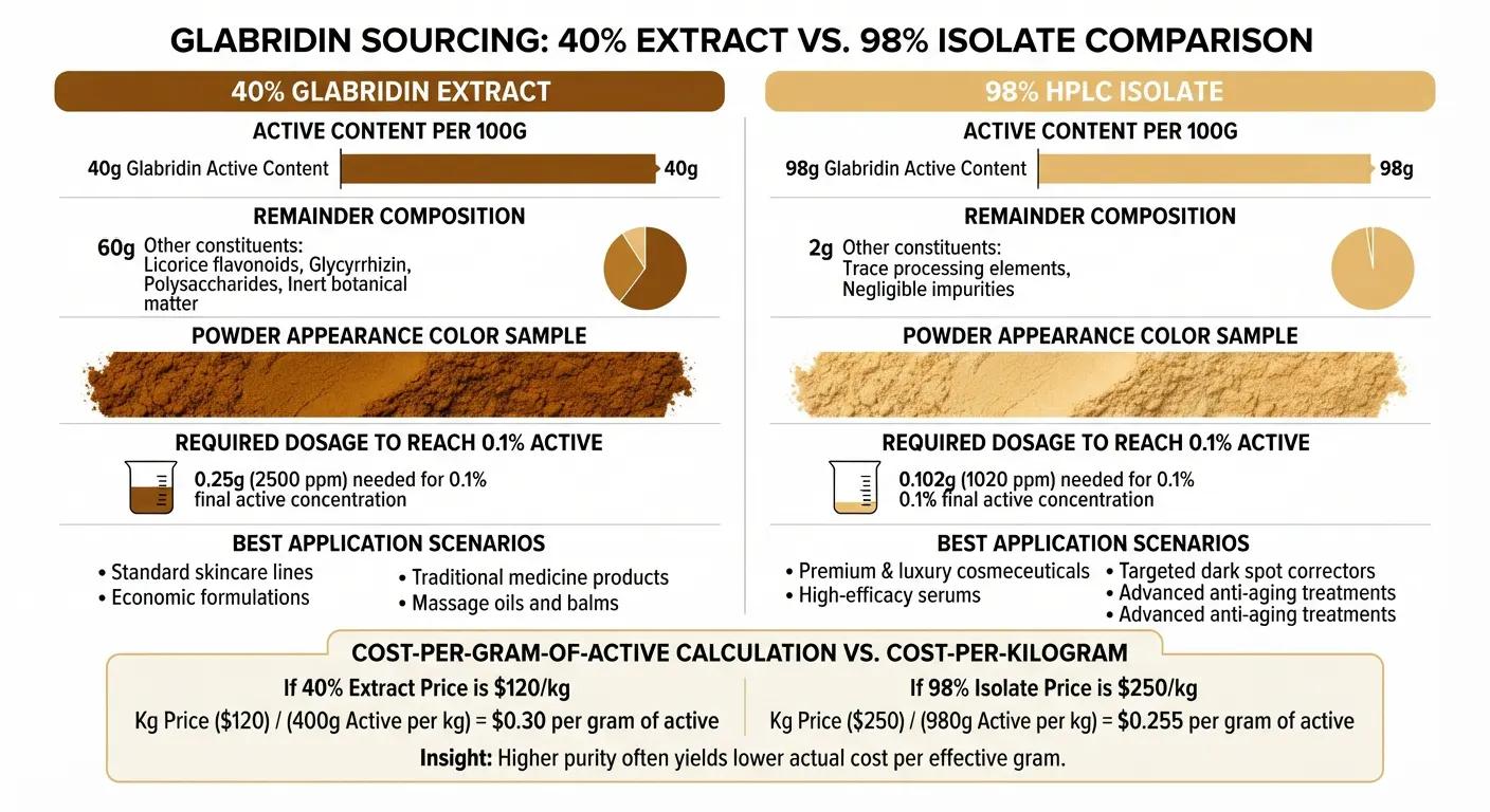 Side-by-side comparison infographic of 40% standardised licorice extract vs 98% HPLC purified glabridin isolate