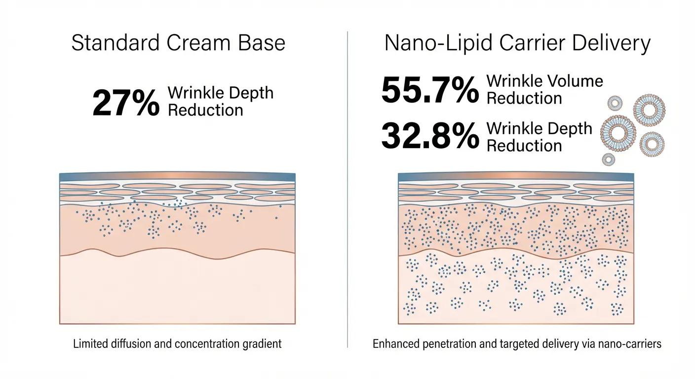 Side-by-side comparison of wrinkle reduction performance between standard cream and nano-lipid encapsulated GHK-Cu formulations