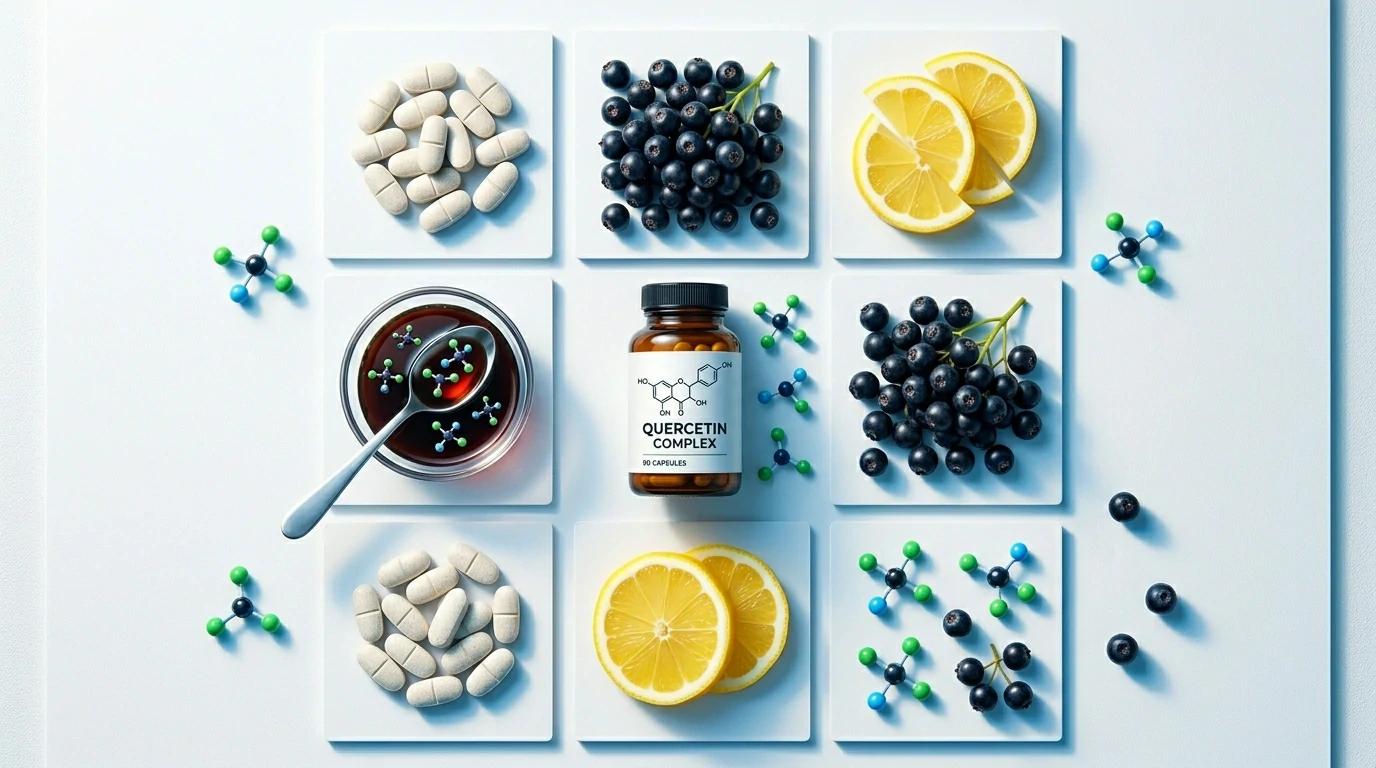 Quercetin, zinc, and vitamin C immune defense supplement stack flat-lay