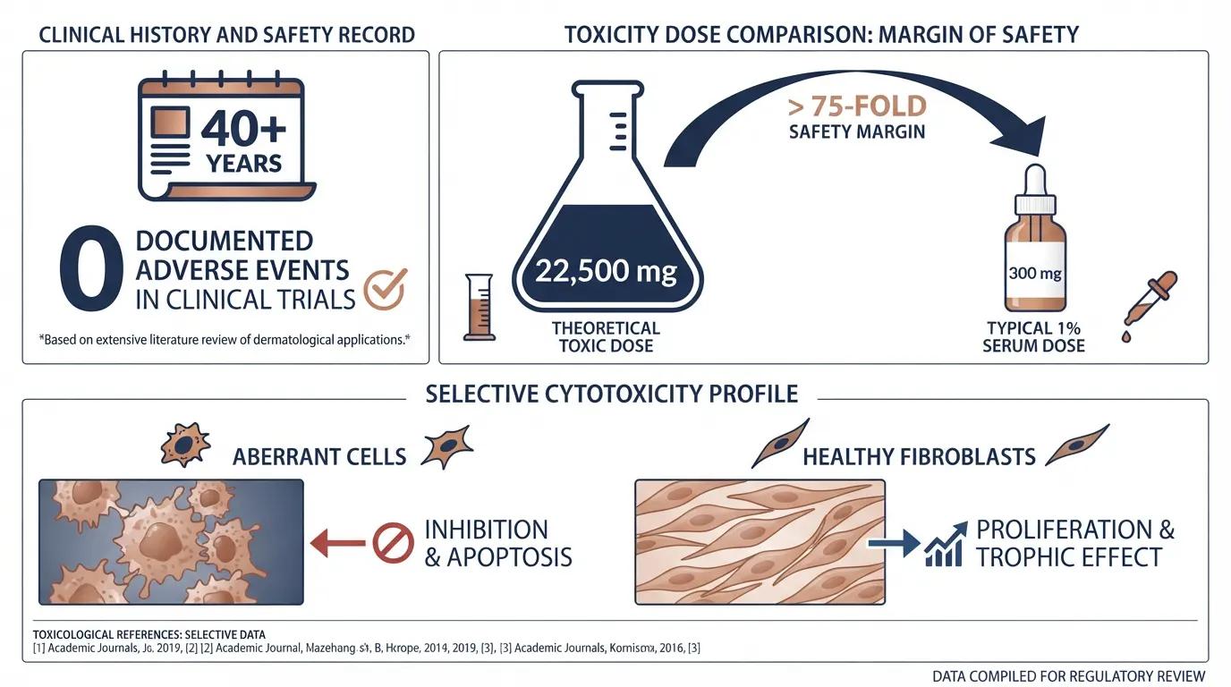 Infographic summarizing GHK-Cu 40-year safety record, theoretical toxicity threshold, and selective cytotoxicity profile