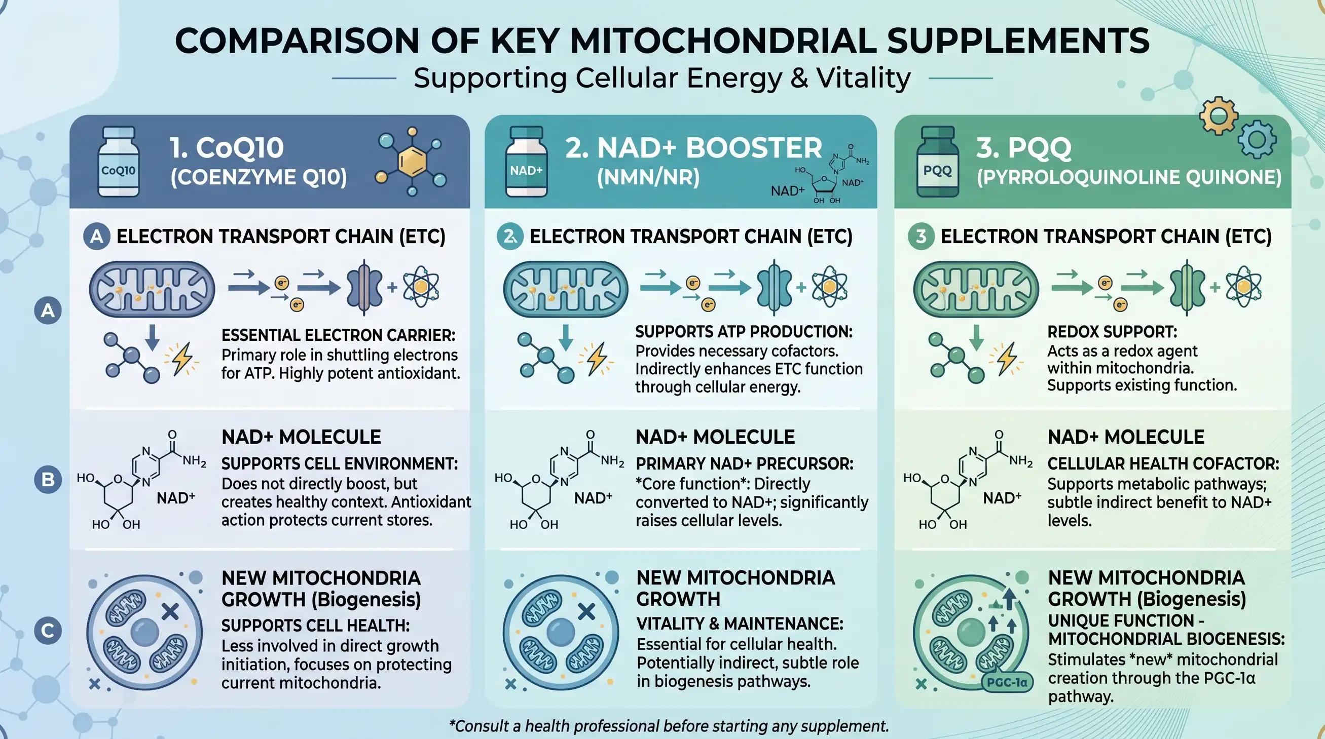 Comparison of the mechanisms of action of three mitochondrial health-promoting ingredients: CoQ10, NMN, and PQQ