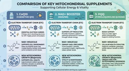 Comparison of the mechanisms of action of three mitochondrial health-promoting ingredients: CoQ10, NMN, and PQQ