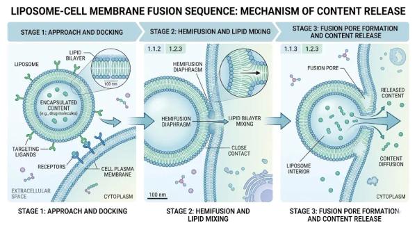 Diagram showing liposome fusion with cell membrane and intracellular payload release