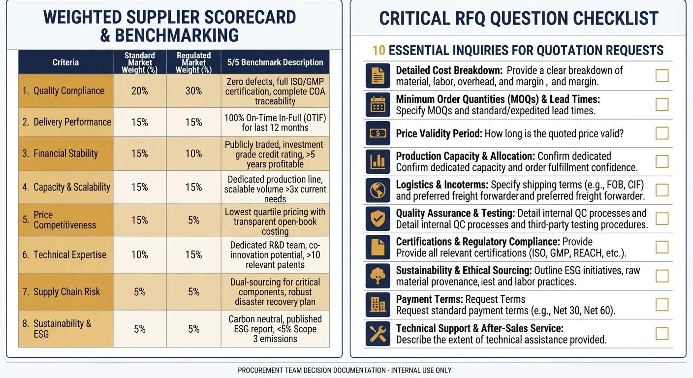 Weighted supplier evaluation scorecard and RFQ question checklist for glabridin raw material procurement decisions