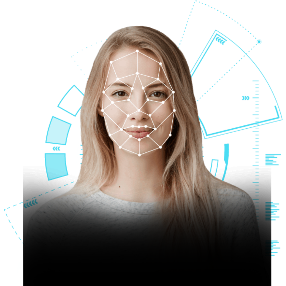 Woman's face with a facial-recognition mesh overlay and technology graphics
