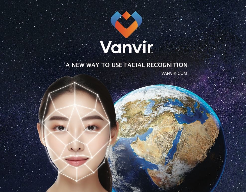 Vanvir marketing graphic with the logo, tagline 'A New Way To Use Facial Recognition,' a woman with a facial recognition mesh overlay, and an image of Earth