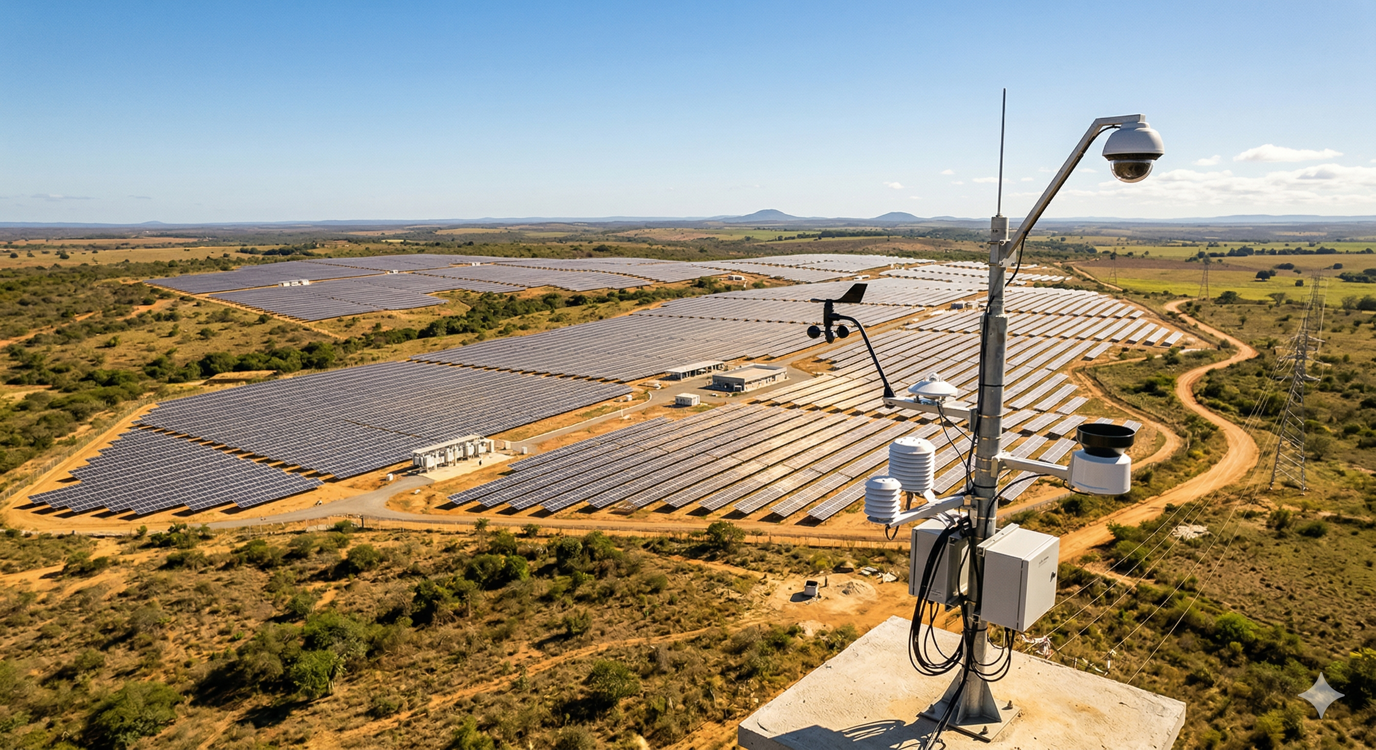 Uma fotografia aérea de uma vasta usina solar com milhares de painéis fotovoltaicos em um terreno árido e rural. No primeiro plano, à direita, destaca-se uma estação meteorológica montada em um poste, equipada com um anemômetro, uma câmera de monitoramento e outros sensores. Estradas de terra serpenteiam pela paisagem em direção ao horizonte.