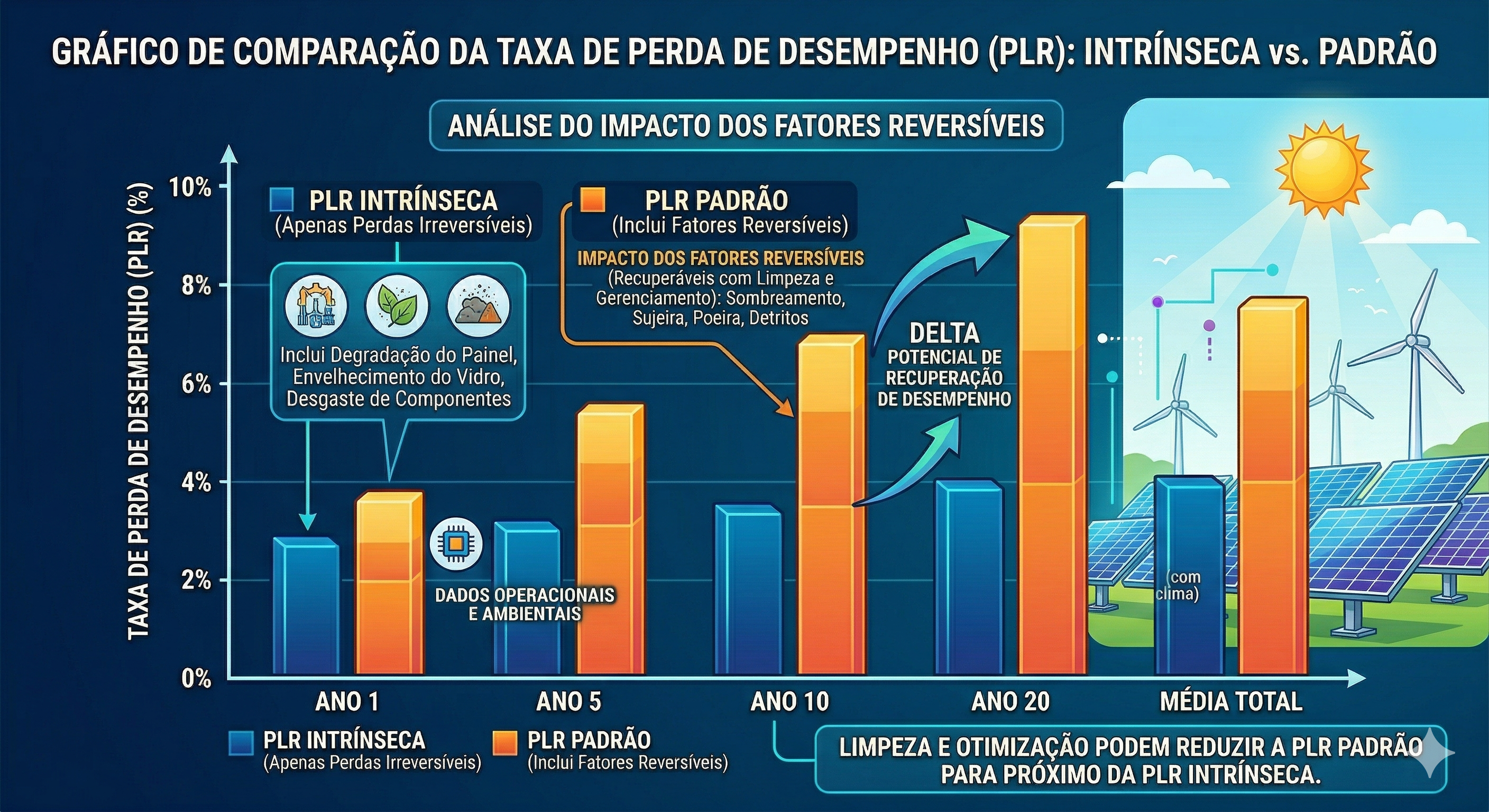 Um gráfico de barras comparativo, com o título "Gráfico de Comparação da Taxa de Perda de Desempenho (PLR): Intrínseca vs. Padrão". O gráfico mostra duas barras para cada período (Ano 1, Ano 5, Ano 10, Ano 20 e Média Total): uma barra azul representando a "PLR Intrínseca" (perdas irreversíveis, como degradação e envelhecimento) e uma barra laranja, consistentemente mais alta, representando a "PLR Padrão" (que inclui perdas reversíveis, como sombreamento e sujeira). Um destaque aponta o "Delta" de diferença, indicando o potencial de recuperação de desempenho através de limpeza e otimização.