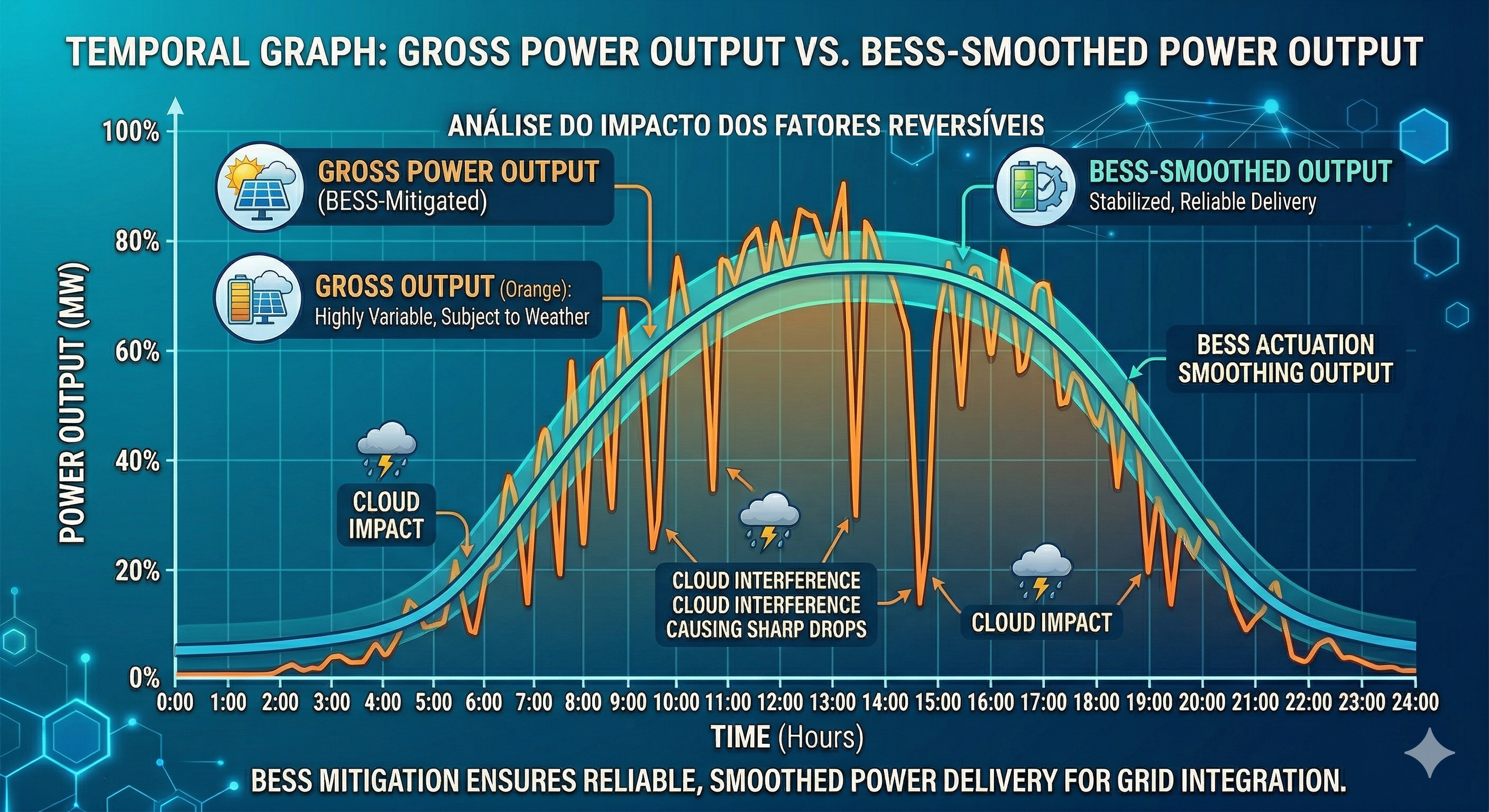 Um gráfico de linha temporal que compara a saída de potência bruta (Gross Power Output) e a saída suavizada por BESS (BESS-Smoothed Output) de uma usina solar ao longo de um dia. A linha de potência bruta (cor laranja) mostra alta variabilidade e quedas acentuadas causadas pela interferência de nuvens. Em contraste, a linha suavizada pelo sistema de baterias (cor ciano) apresenta uma curva estável e previsível, demonstrando a mitigação de BESS para garantir uma entrega de energia confiável