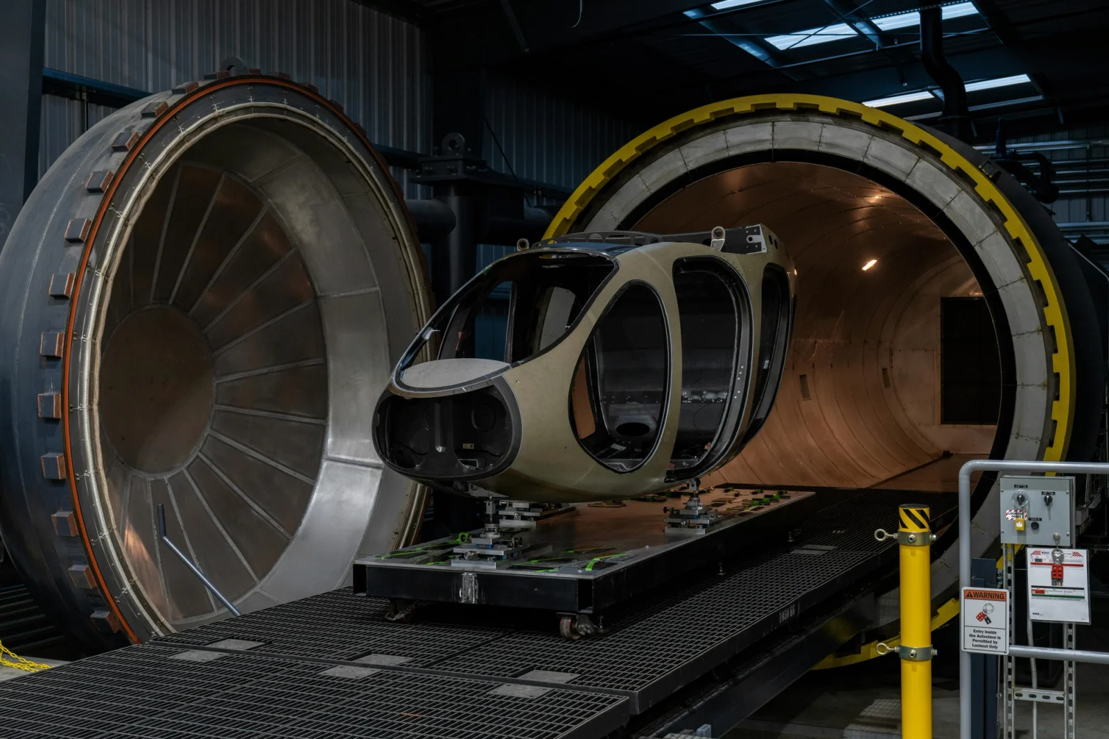 The fuselage of the first aircraft to be produced on Joby’s pilot manufacturing line in Marina, CA, heads into a large autoclave to be post cured at a precise temperature and pressure.
