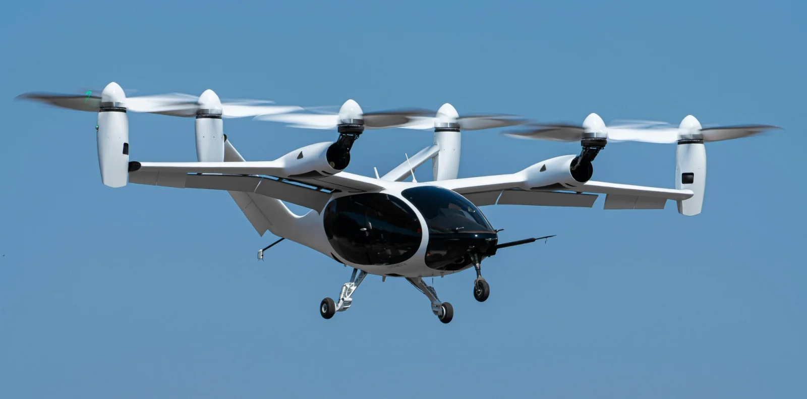 Joby aircraft flies through the air, clear blue sky visible in the background