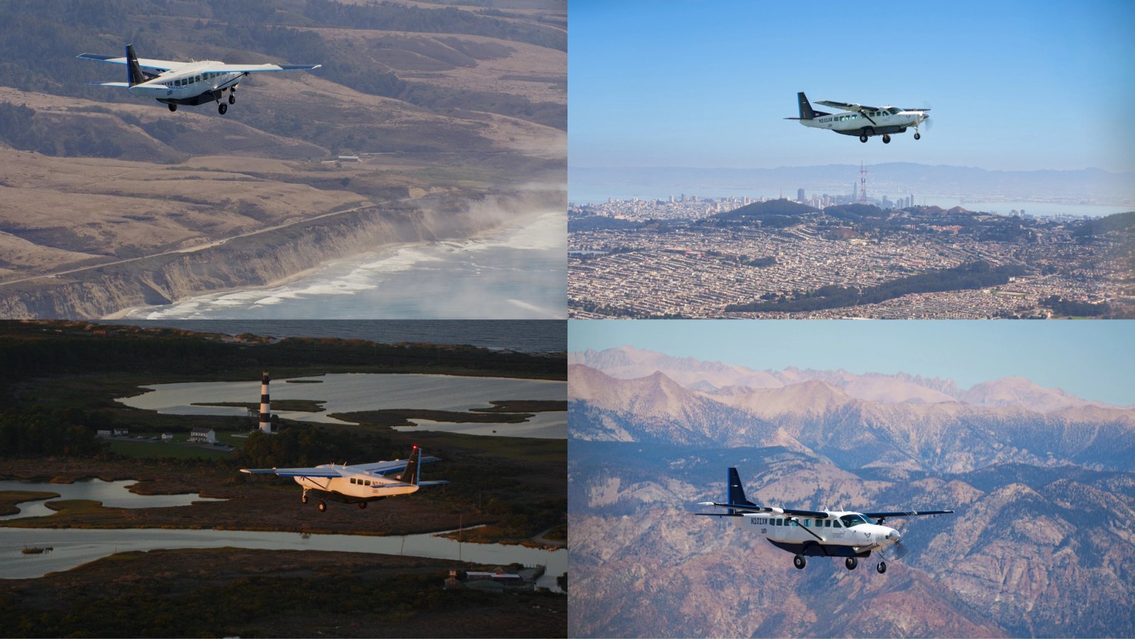 Four views of Joby’s converted Cessna flying above the California coast, San Francisco, mountains and North Carolina’s Outer Banks.