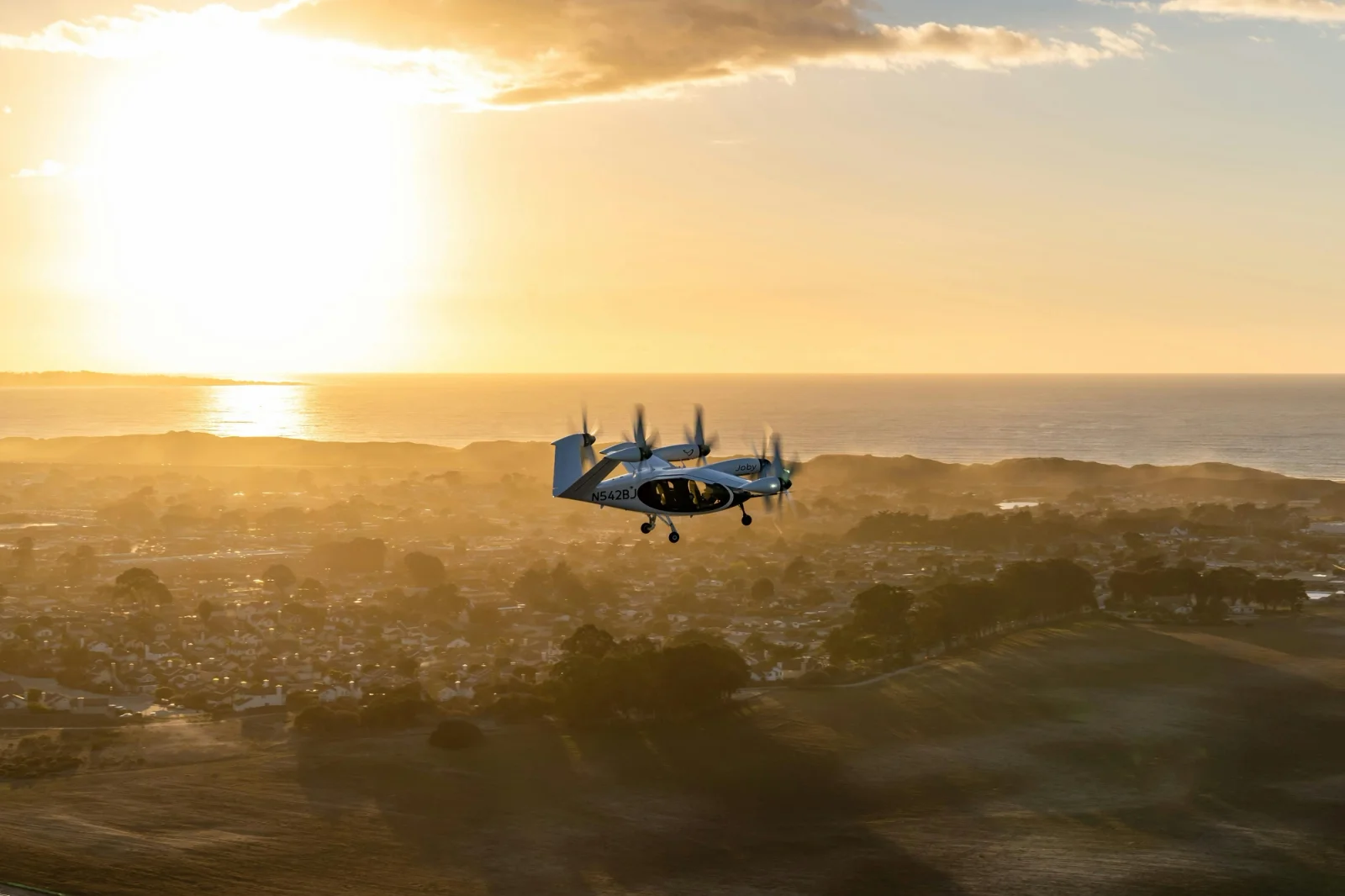 Joby's all-electric prototype aircraft during a test flight in Marina, California.