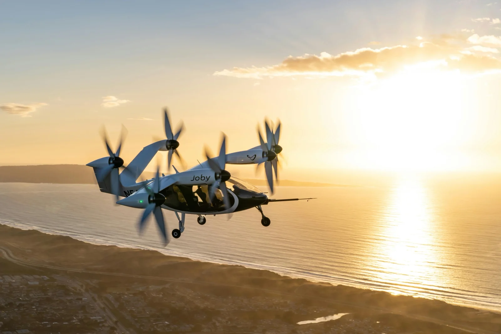 Joby's all-electric prototype aircraft in flight above Marina, California. Joby Aviation Photo
