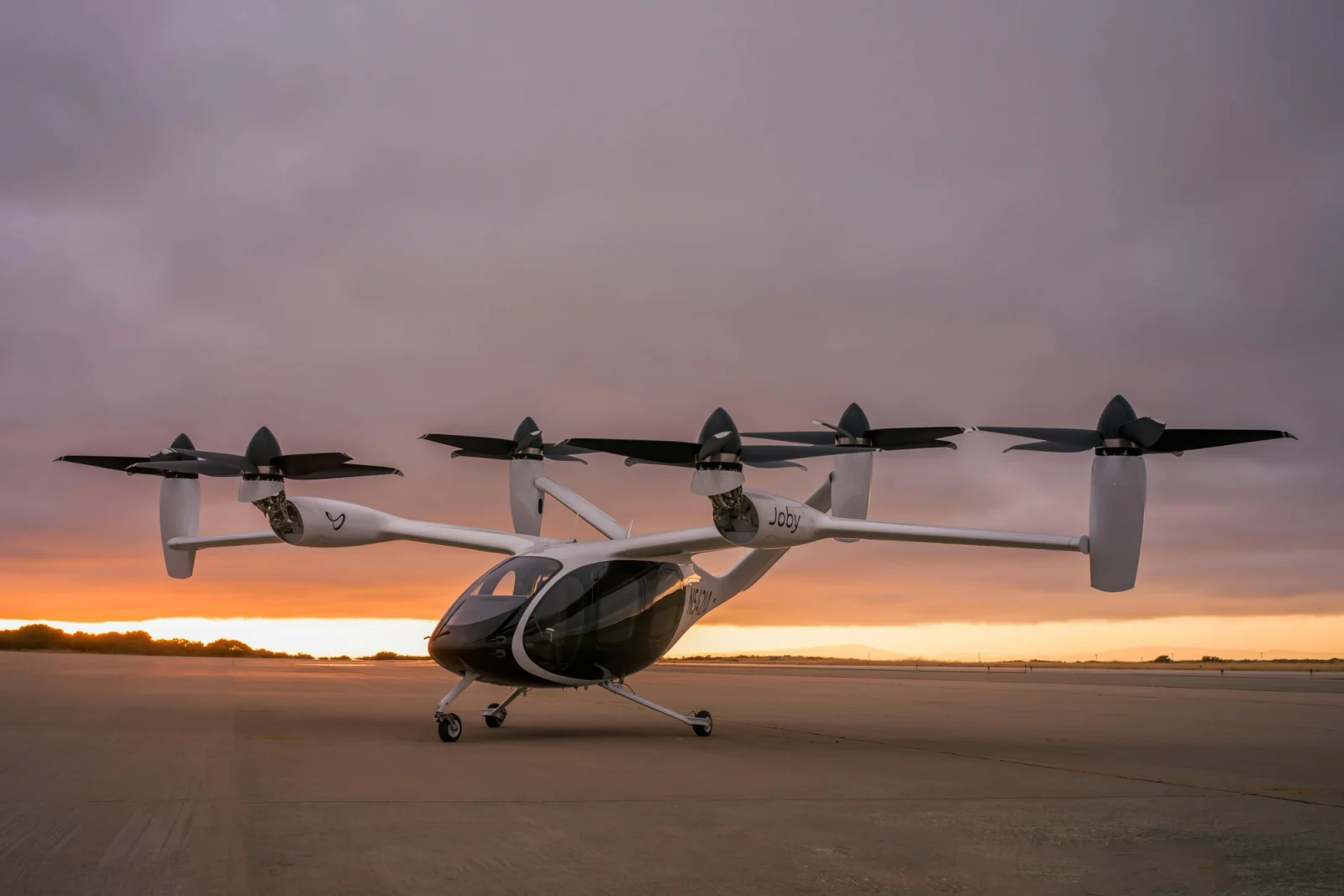 Joby’s production prototype eVTOL aircraft at the company’s manufacturing and flight testing facilities in Marina, California. Photo: Joby Aviation