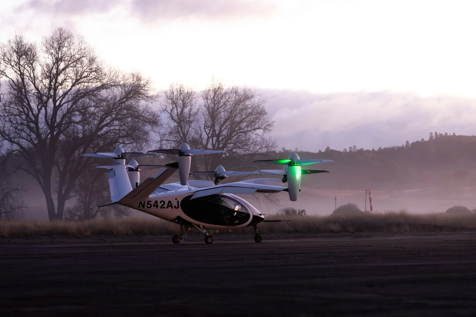 Joby’s full-scale, all-electric prototype preparing for flight above the company’s Electric Flight Base in California.