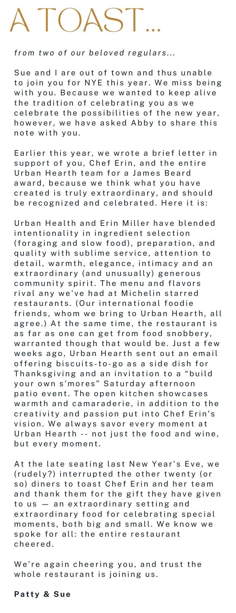 The secret toast. (yes, chef cried when she read it, thanks Patty & Sue)