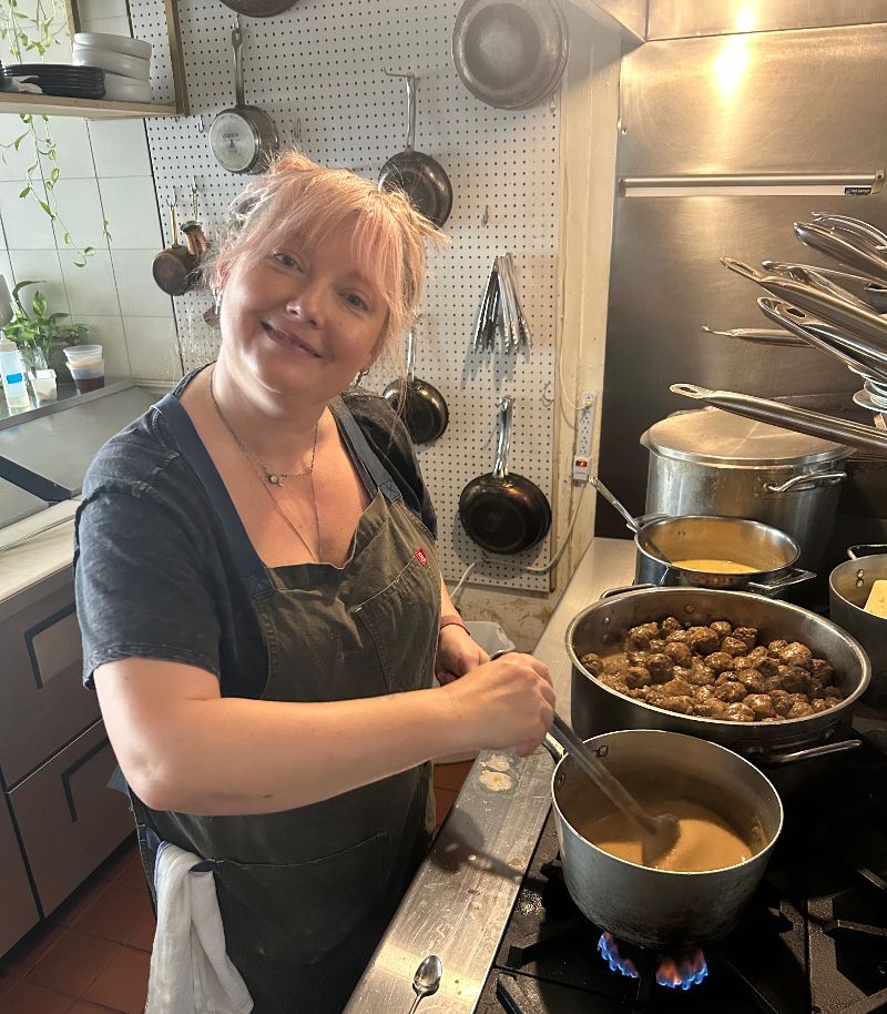 Chef Emily whipping up her Swedish Meatballs in the Kitchen!
