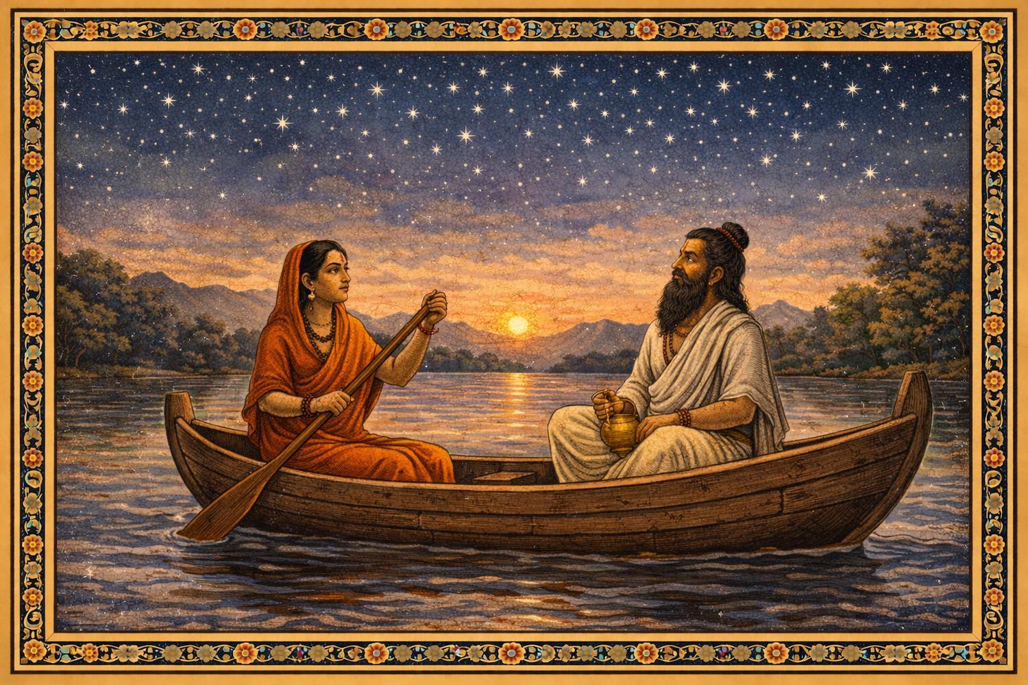 Matsyagandha and Maharishi Parashara crossing the River (Reimagined with AI)