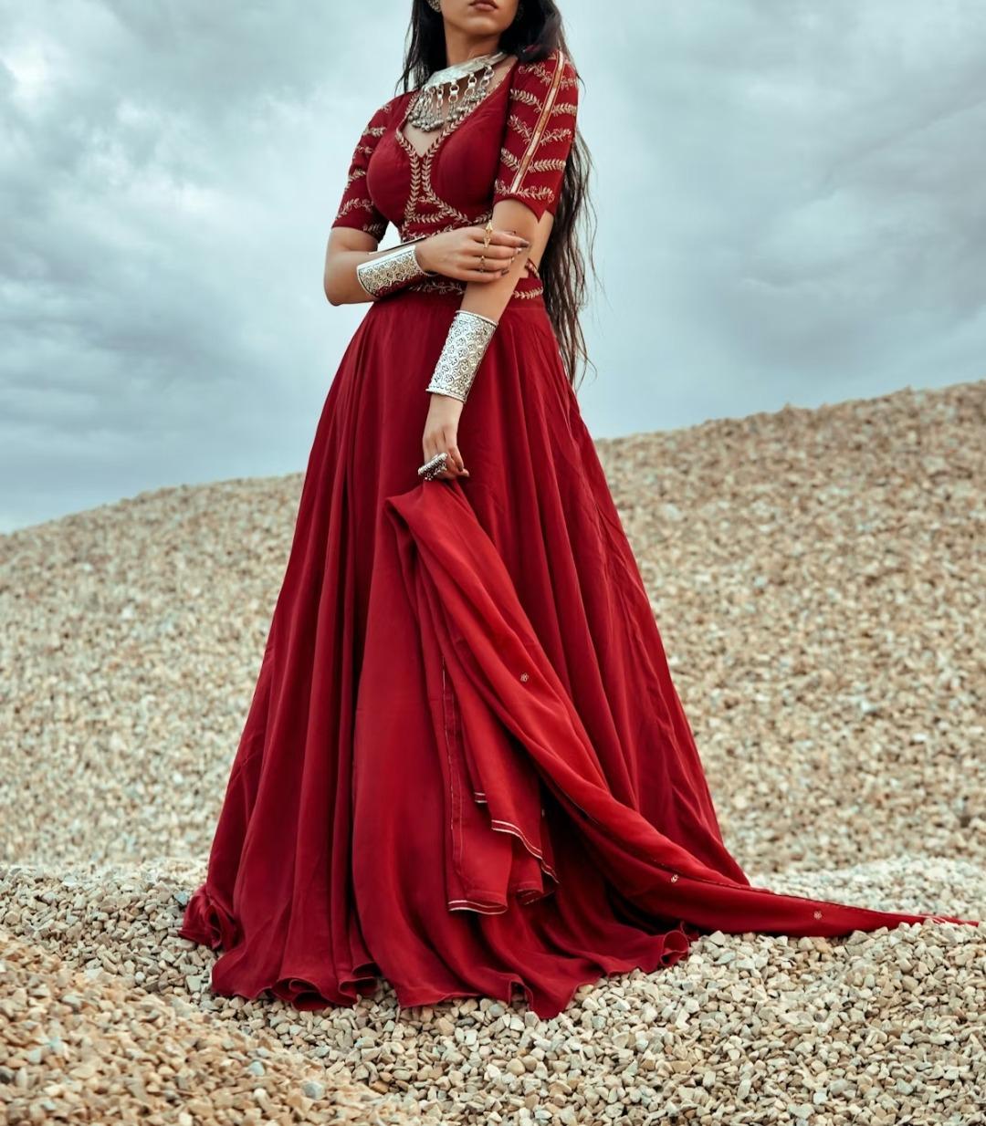 A woman in a red dress