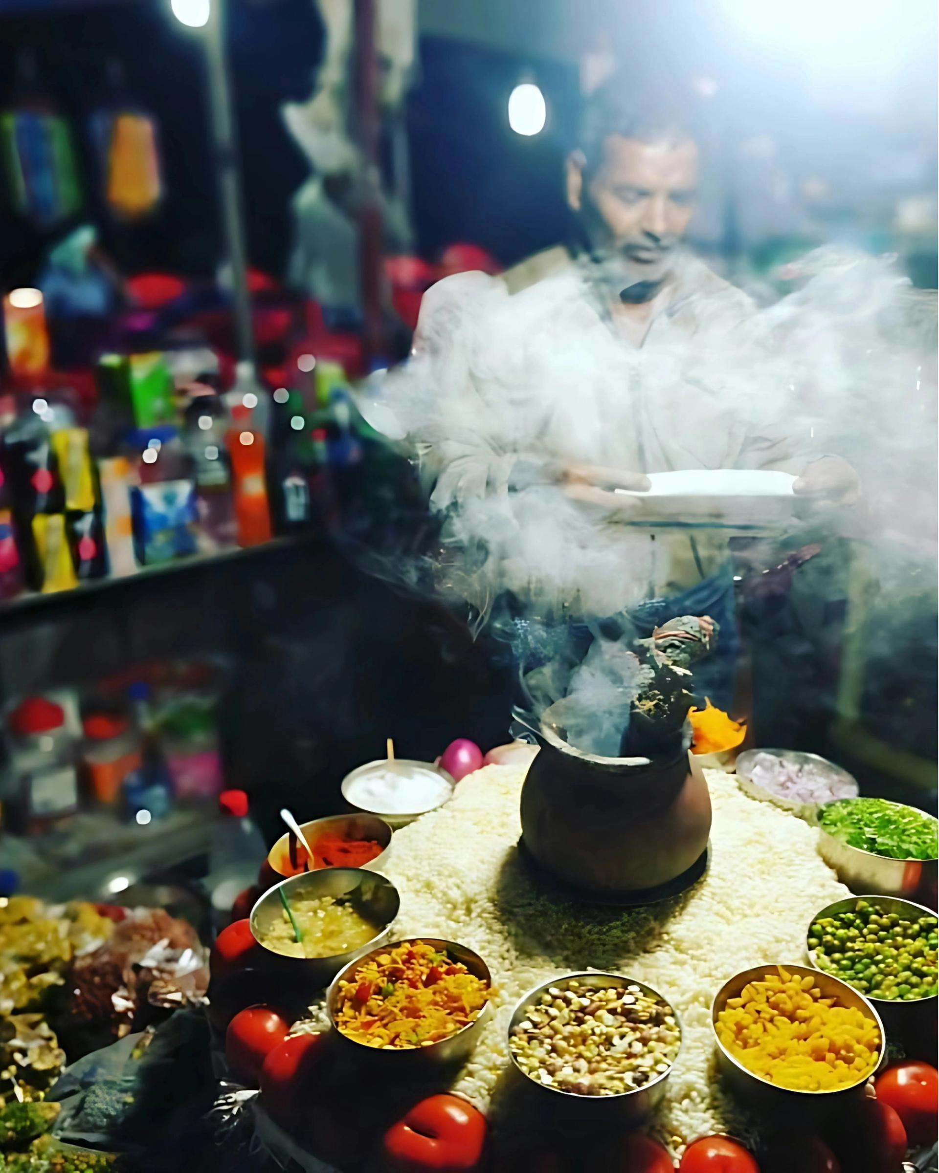Street vendor prepares food with steaming smoke