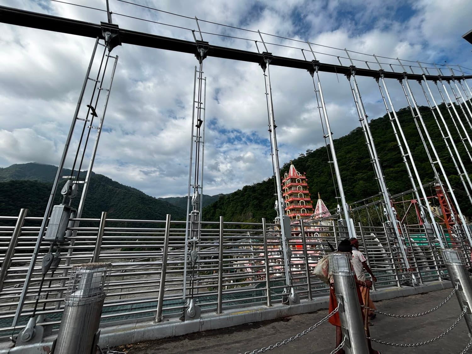 The thirteen story Trayambakeshwar temple, seen through Lakshman Jhula’s cables