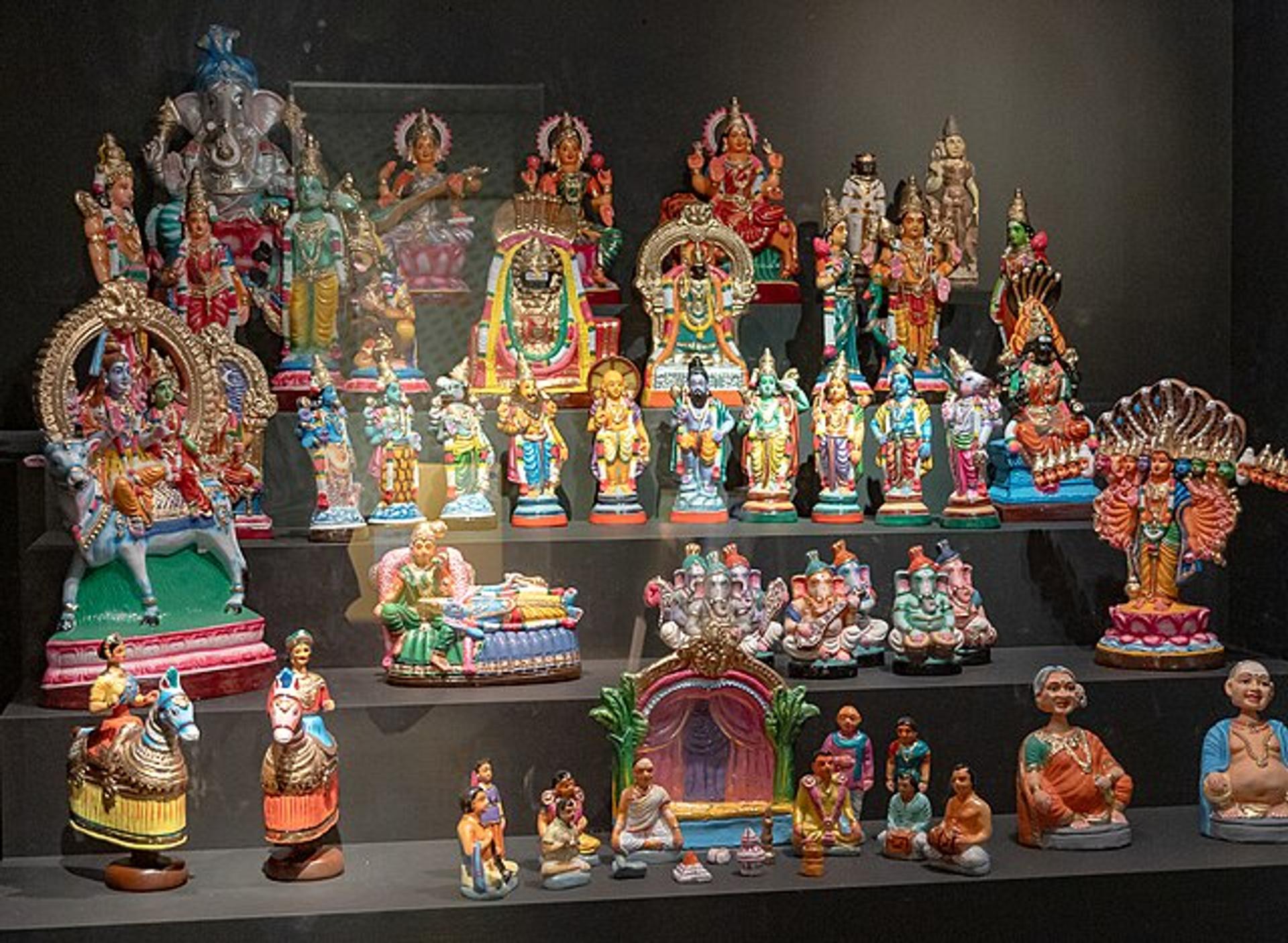 Image of Golu dolls of Gods and Goddesses arranged in a tiered display