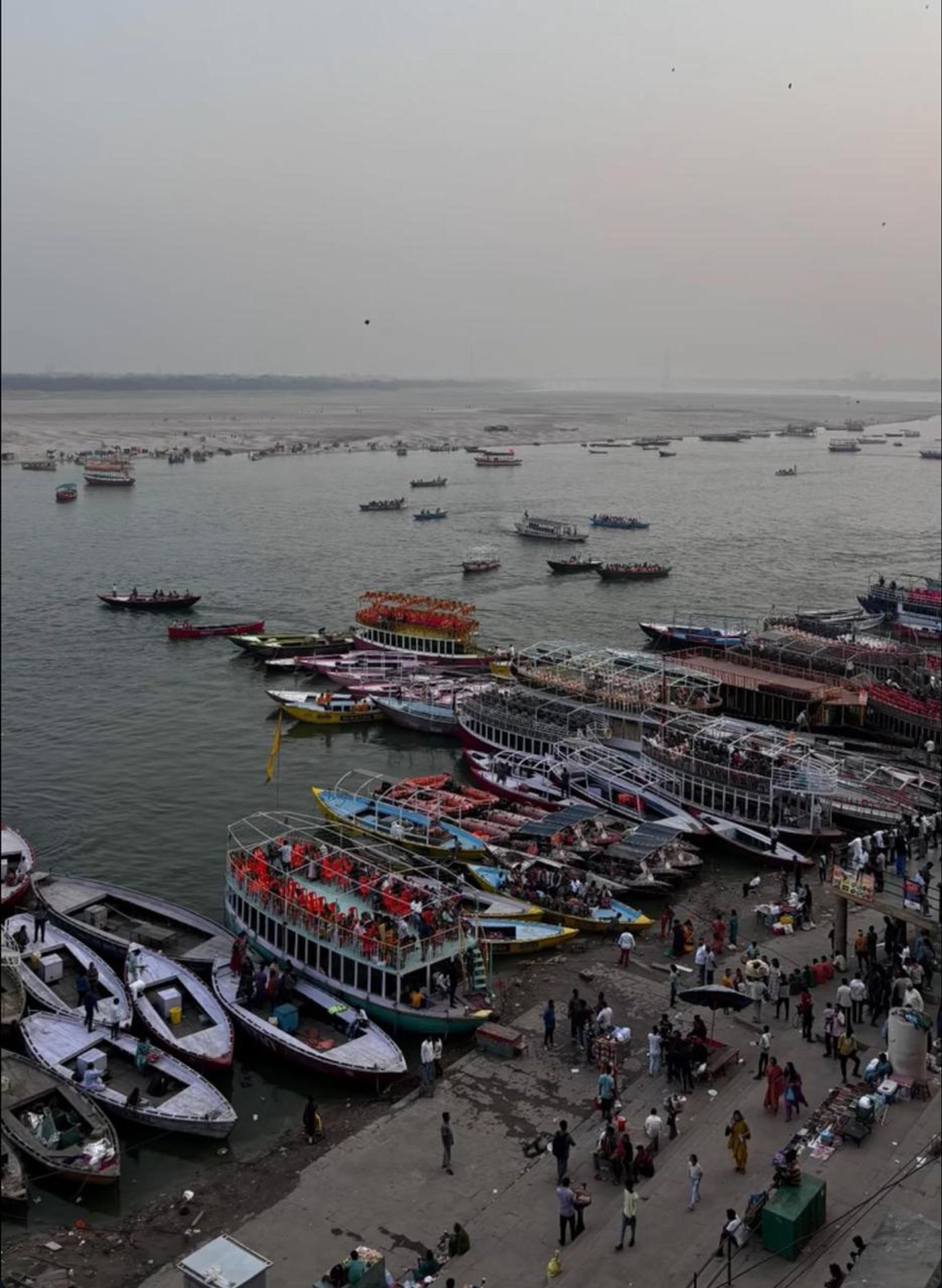 Ghat in Varanasi with boats for exploring the Ganges