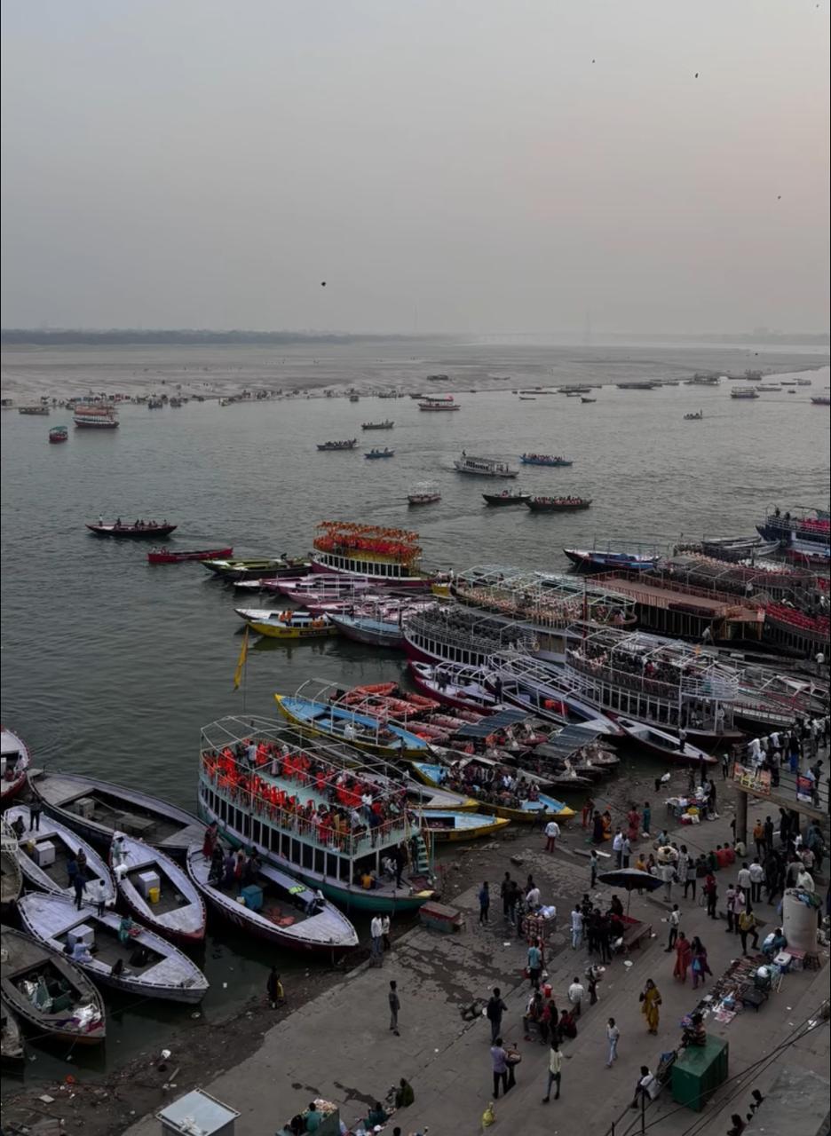 Ghat in Varanasi with boats for exploring the Ganges