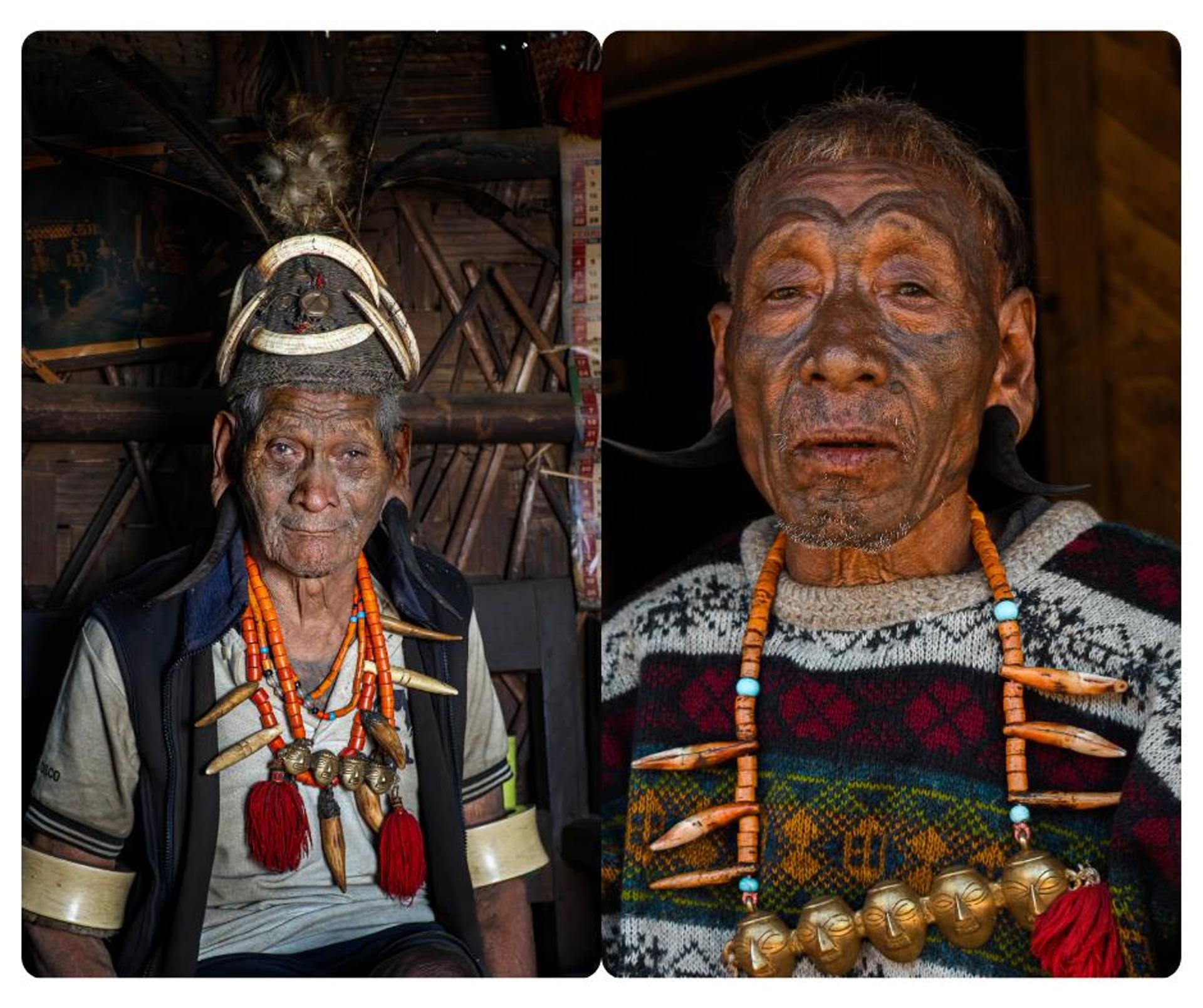 Elders of the Konyak tribe with their face tattoos and ornaments