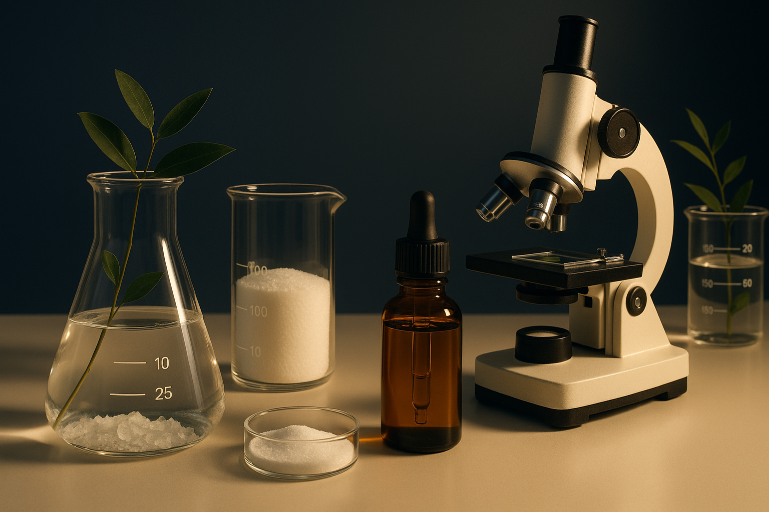 Scientific laboratory with beakers, microscope, and botanical specimens