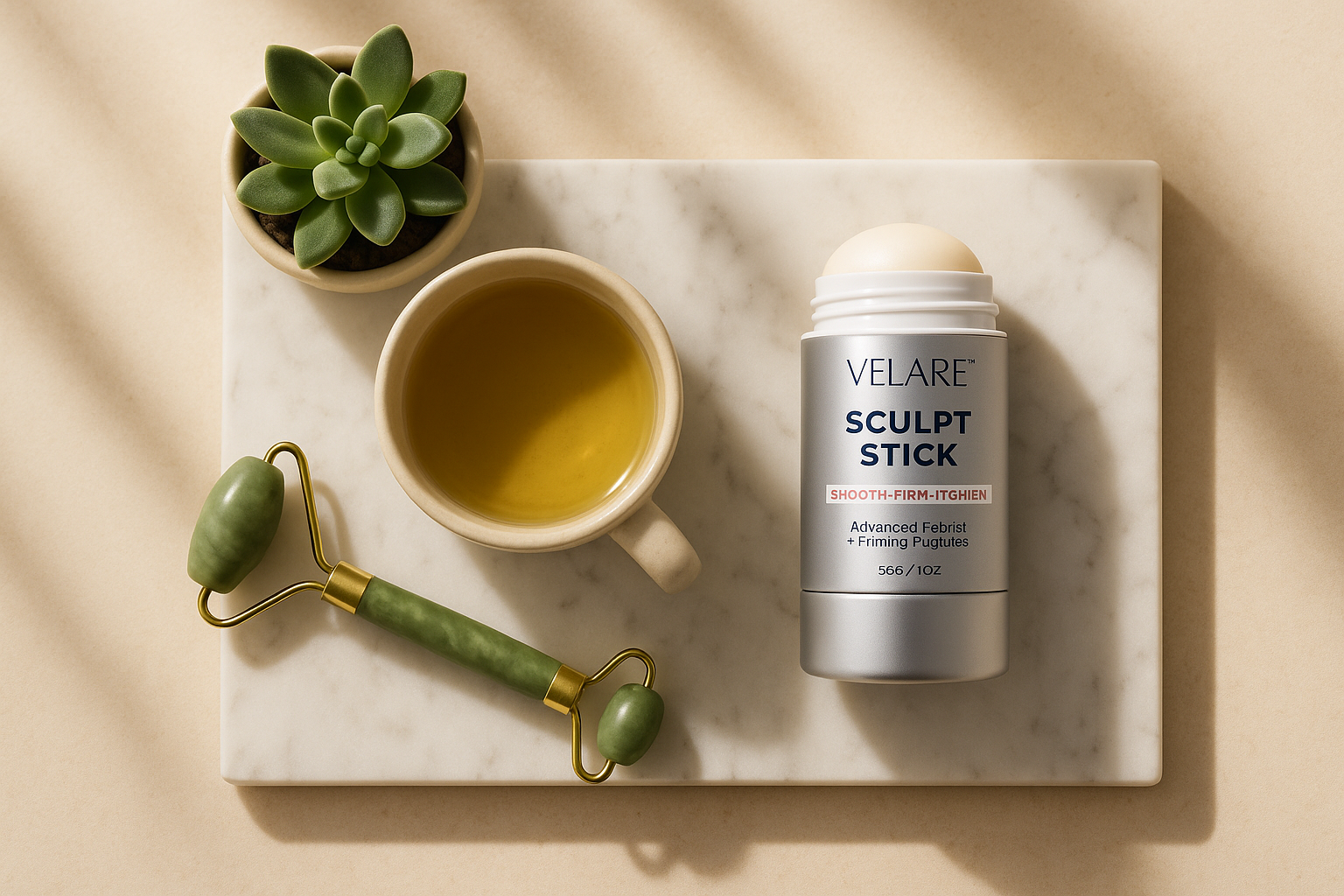 Morning skincare routine flat-lay with VELARE Sculpt Stick and green tea
