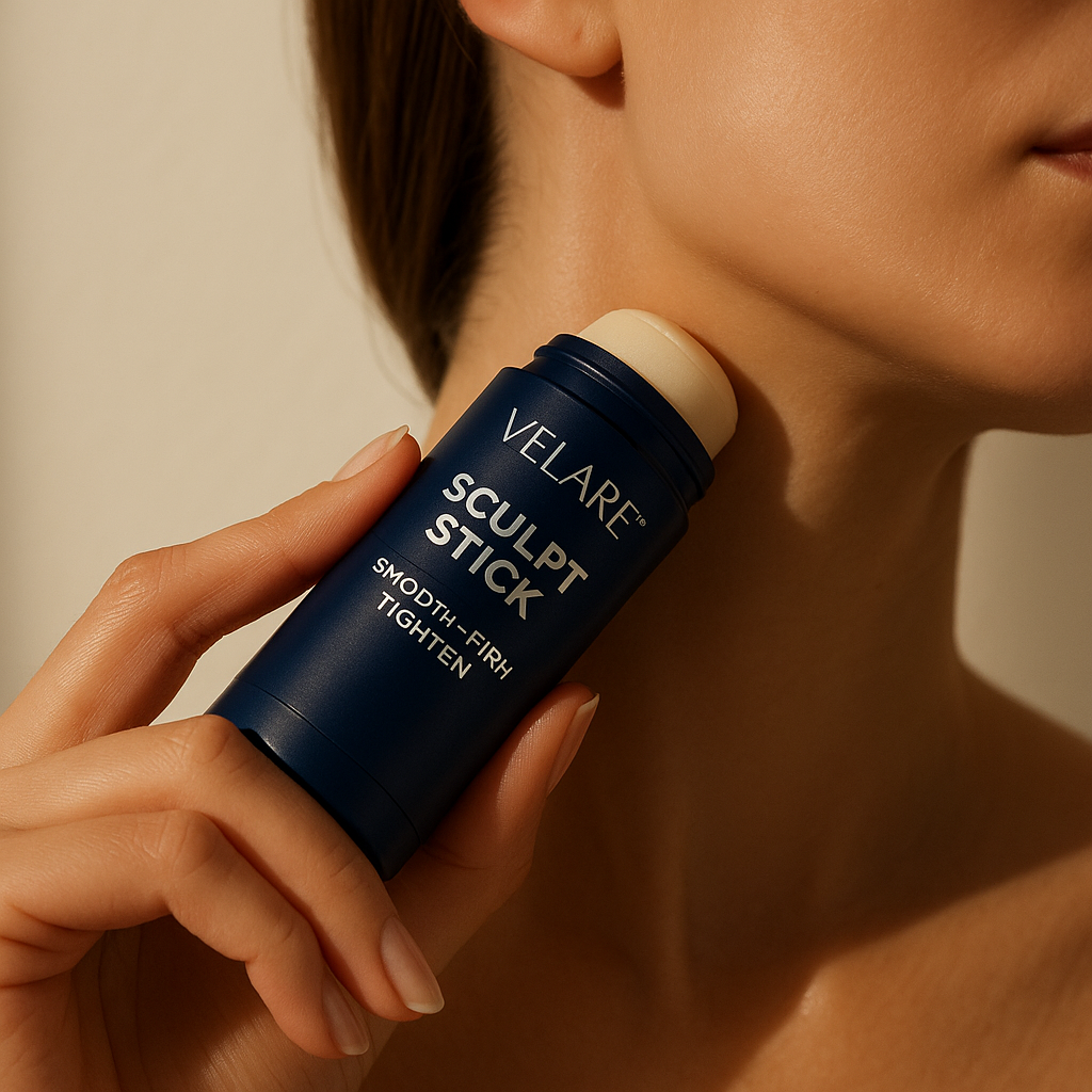Woman applying VELARE Sculpt Stick to neck in upward motion